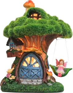 Fairy House Outdoor Statues with Solar Light for Garden Decor, Green Moss  Outdoor Cottage with Swinging Fairy, Lawn Ornaments Yard Decor Gifts for Mom Women, 5.1"