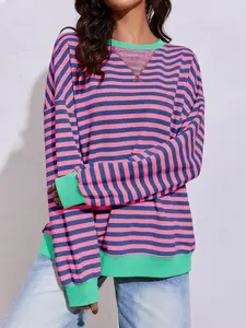 Fisoew Womens Striped Oversized Sweatshirt Color Block Crew Neck Long Sleeve Shirt Casual Loose Pullover Top Y2K Clothes