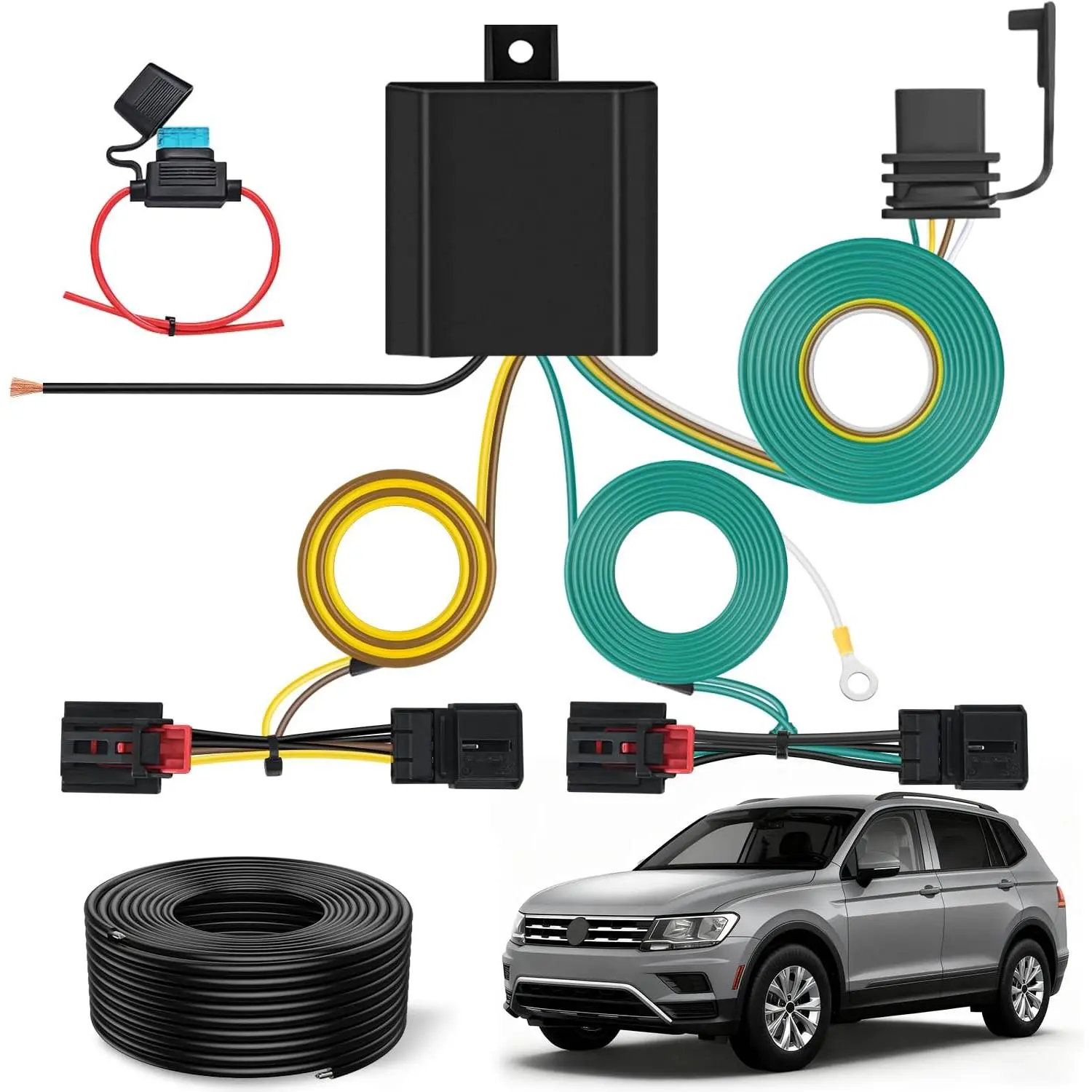 Nilight 4-Pin Custom Trailer Wiring Harness Kit 56403 - OEM-Compatible 4-Way Plug-N-Play Connectors, 15A Fuse, Weather Resistant Dustproof ABS Plastic Tow Hitch Accessory with Screw, Zip Tie for Easy Install on 2018-2021,2023-2024 Volkswagen Tiguan