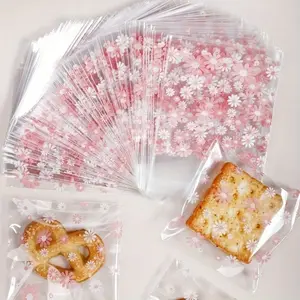 Clear Candy Bag, 100pcs/set Flower Pattern Self-adhesive Cookie Bag, Food Storage Bag for Candy, Biscuit, Pastry, Snack, Kitchen Storage Organizer, Gifts, Self Adhesive Wrap, Gift Wrapping Supplies