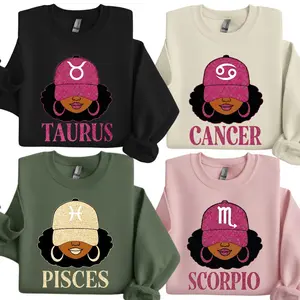 All 12 Zodiac Queen Sweatshirt for Women, Afro Girl Glitter Hat Astrology Crewneck Pullover, Taurus Cancer Pisces Scorpio Aries Virgo, Cozy Horoscope Gift