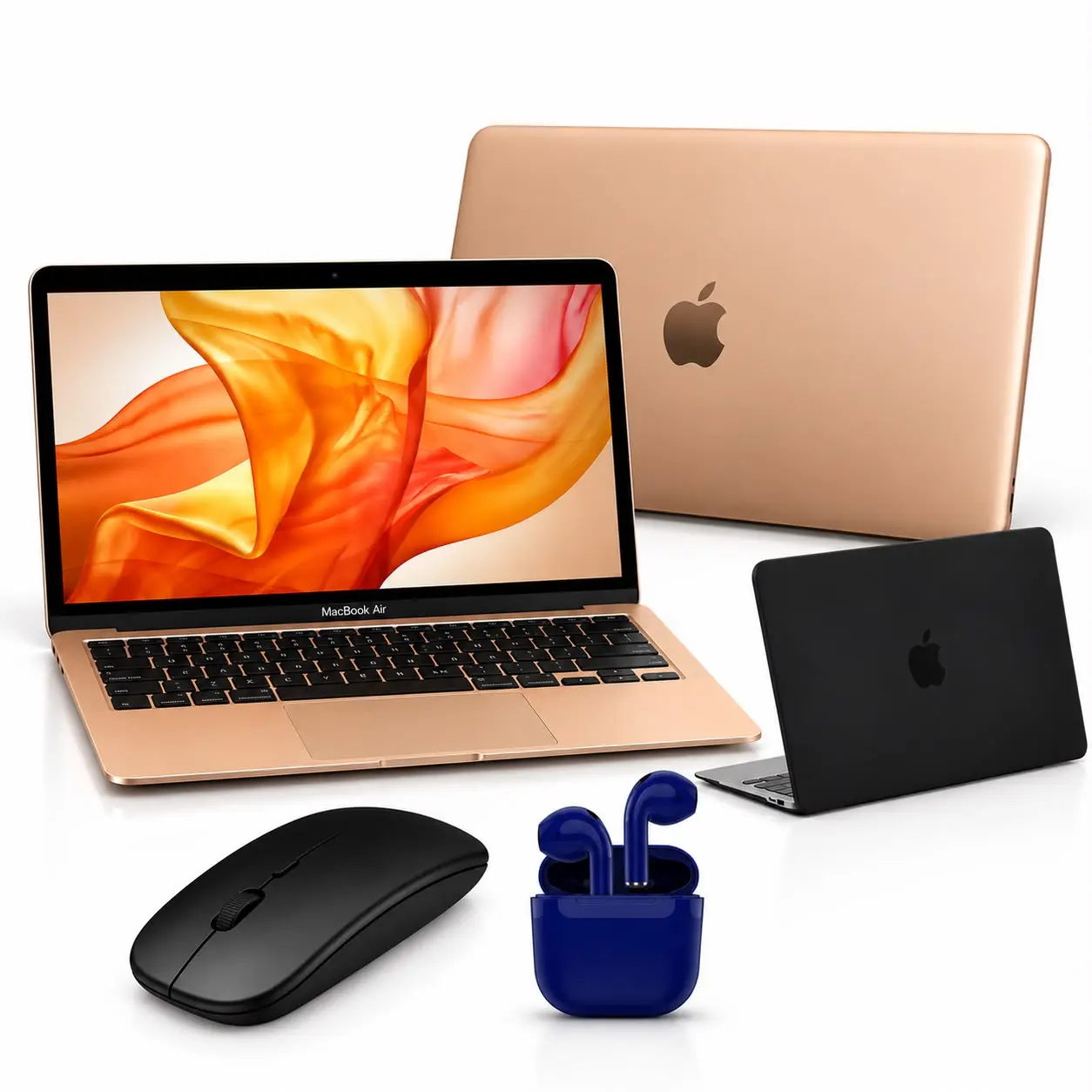 Refurbished Apple Macbook Air 2020 13.3-Inch, 8GB RAM, 256GB SSD, Gold, Bundle: Protective Case, Wireless Mouse, Earbuds, Charger (Good)