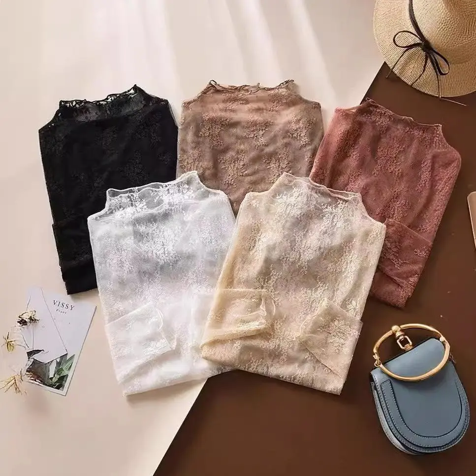 Women's Sexy Floral Lace Top - Sheer Mesh Mock Neck Long-Sleeve Blouse, See-Through Base Layer Undershirt