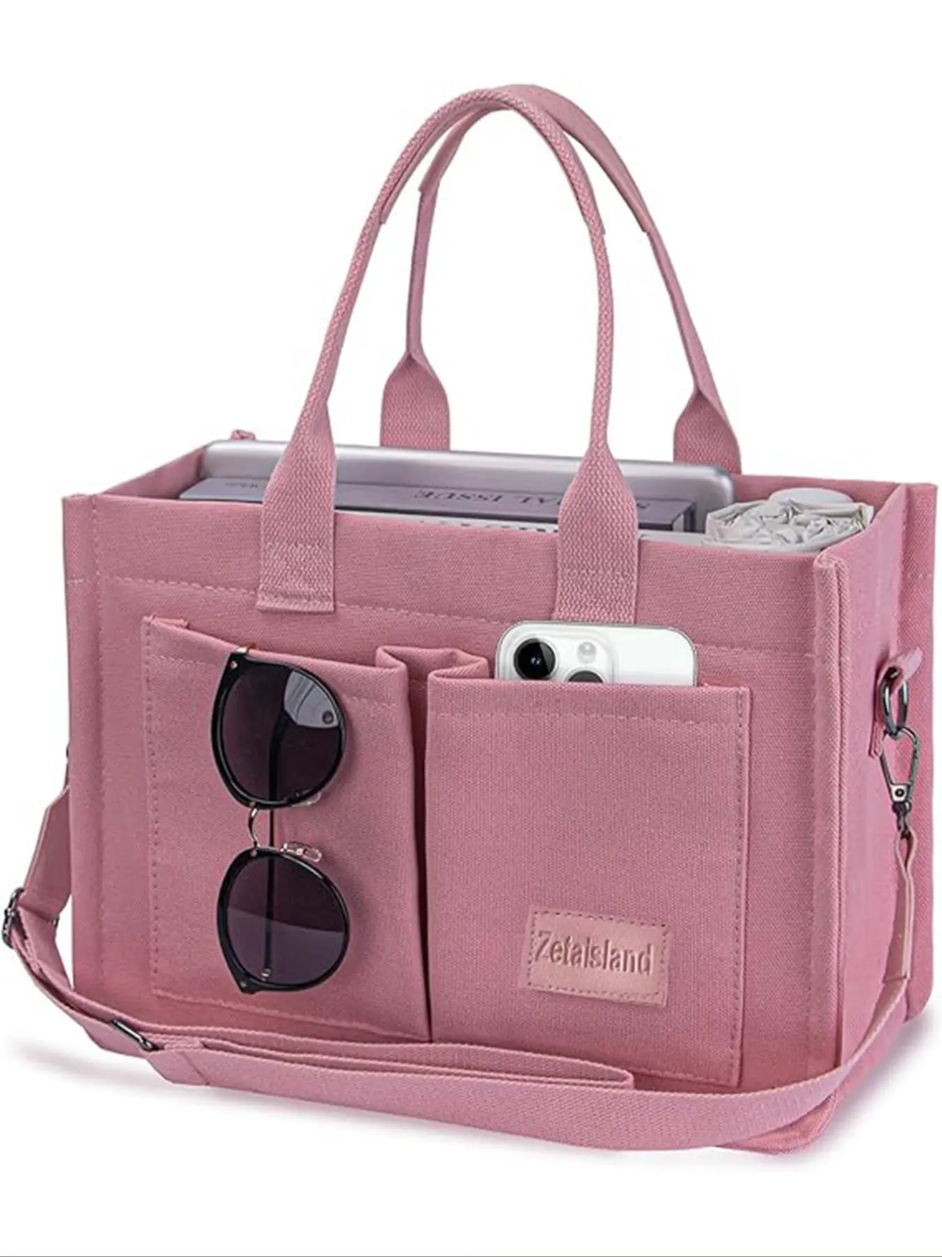 Women's Elegant Solid Color ToteBag, Fashionable Large Capacity Multi-pocket Canvas Shoulder Bag, Lightweight Casual Tote Shoulder Messenger Bag