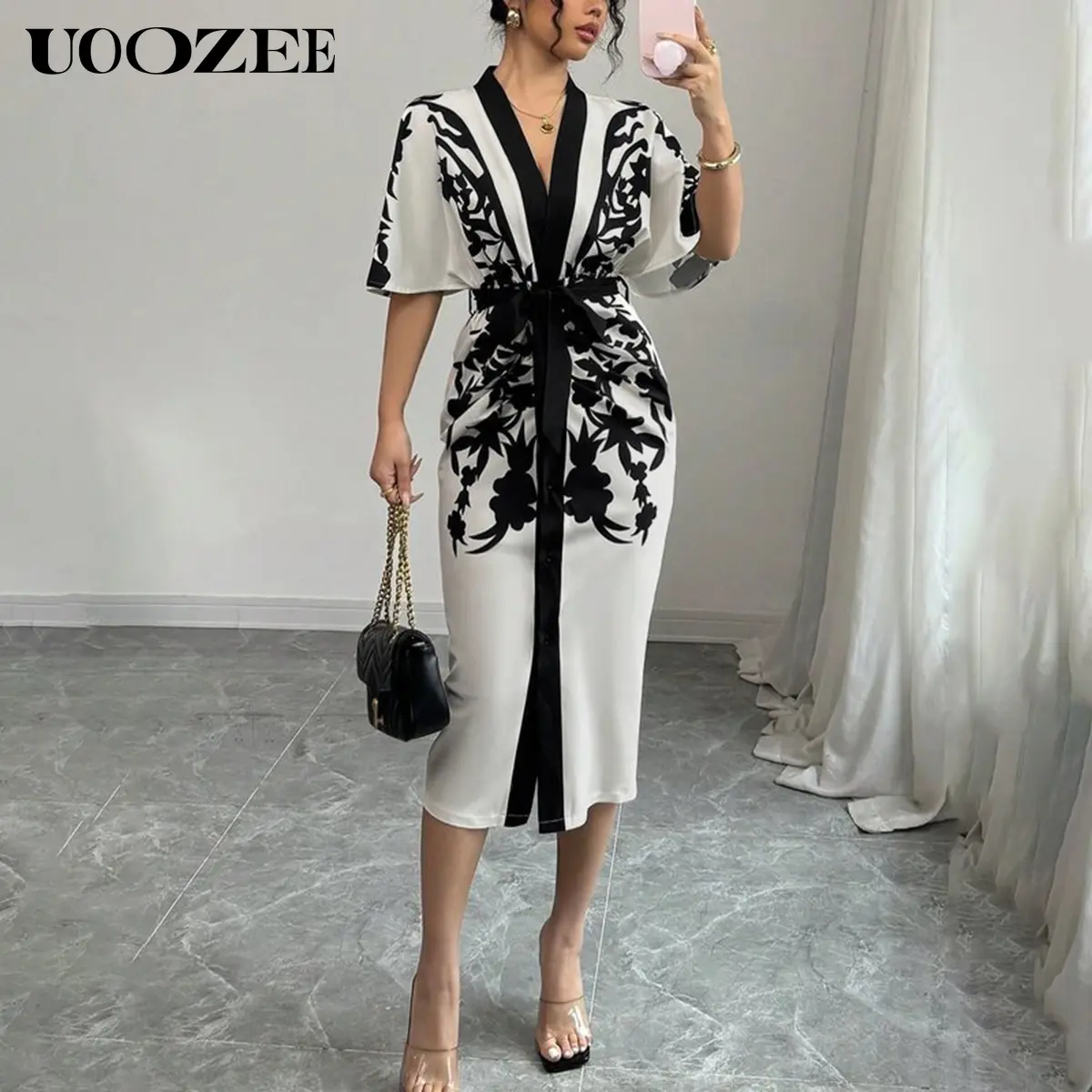 UOOZEE Women's Elegant Floral Polyester Midi Wrap Dress - V-Neck, Belted Waist, Drop Shoulder Kimono Sleeves, Breathable, Casual Chic, Spring Fashion, Machine Washable