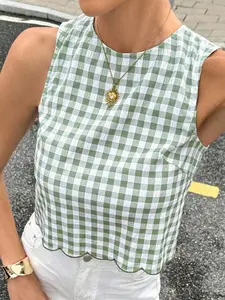 Summer Sleeveless Checkered Plaid Top, and Gingham Design, Slim Fit Short Crop Shirt with Ruffled Hem for Everyday Casual Stylish Aesthetic Look