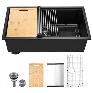 【Father's Day】VEVOR 30 inch Kitchen Sink Workstation, Undermount Granite Sink, Drop-In Single Bowl Farmhouse Basin with Multiple Accessories, Household Dishwasher Sinks for RV, Prep Kitchen, and Bar (Black)