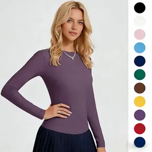 VVZ 2026 Spring Women's Long Sleeve Basic Tee Crew Neck Slim Fit Tops Streetwear Minimalist Double Layer Compression Tee Casual Cloud Going Outfits Office Outfits Elegant Classy Tops Cute Fall Outfits