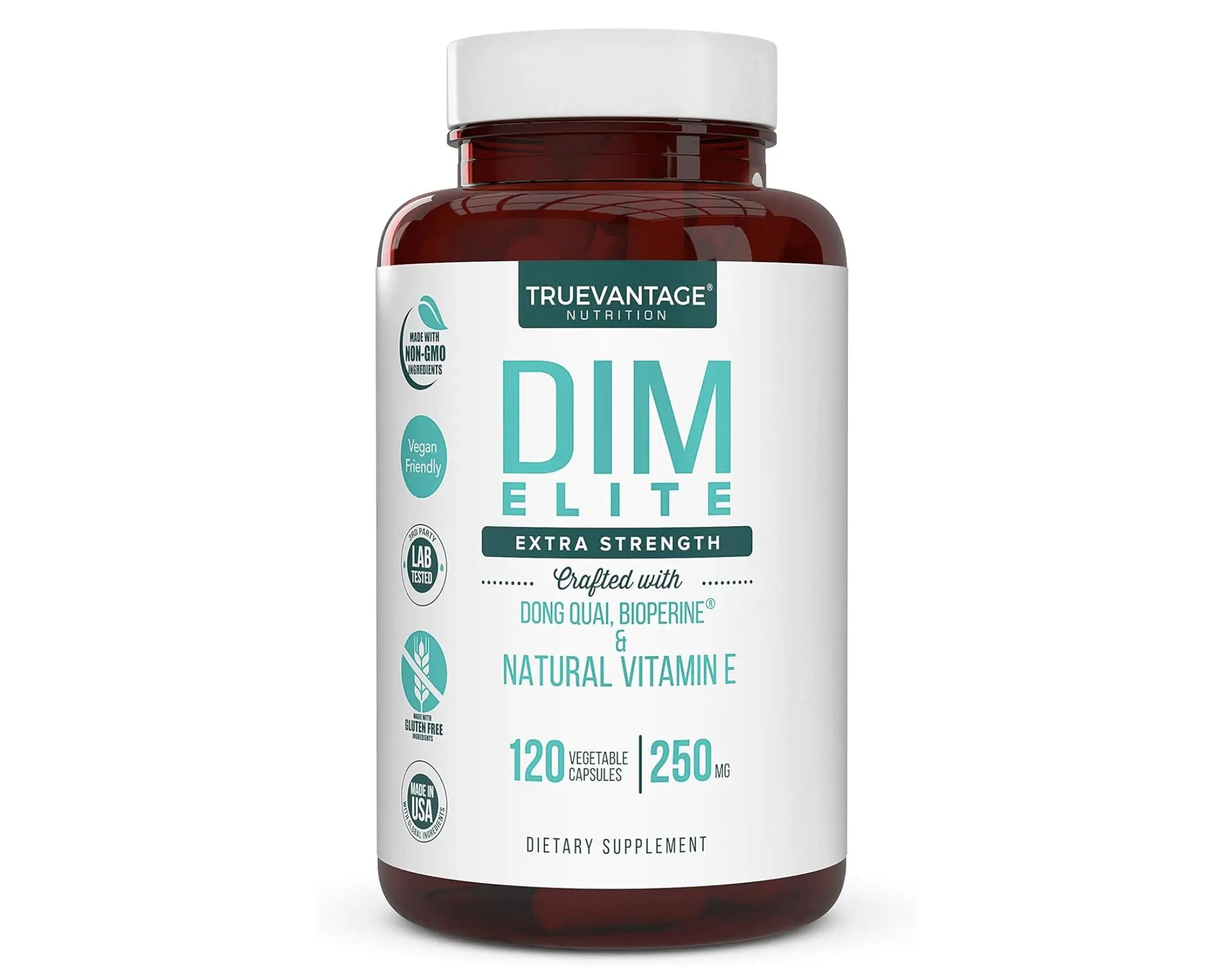 TrueVantage Nutrition DIM Elite Extra Strength 250mg Diindolylmethane Plus Dong Quai Natural Vitamin E & BioPerine for Menopause Relief Hormonal Acne Support Veggie Capsules