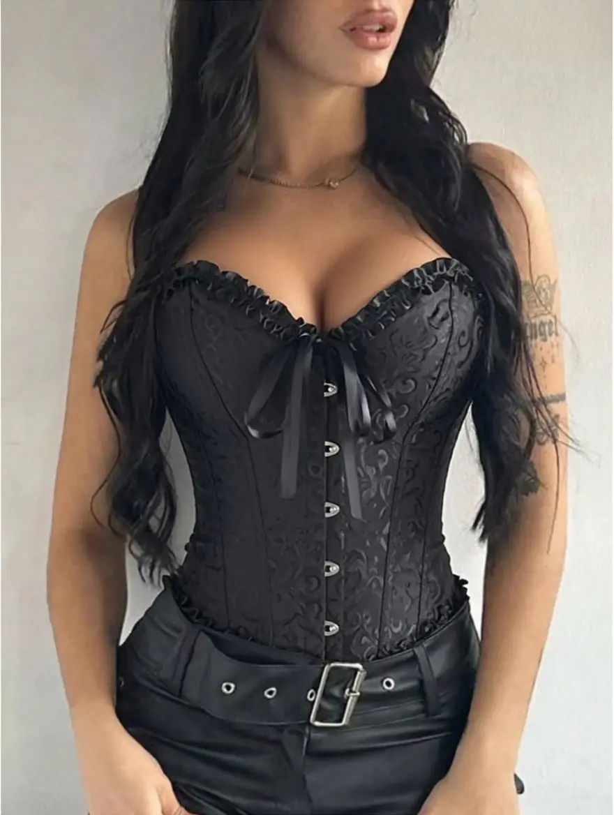 Women's Vintage Embellished V-Neck Polyester Overbust Corset Top - Lacy Trim Push Up Bustier, Steampunk Waist Cinch, Halloween Costume & Accessories, Clubbing Clothes for Women (XS-3XL)