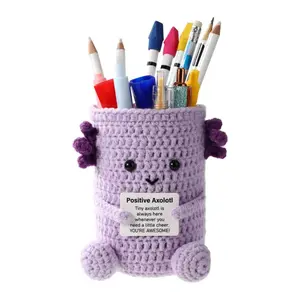 Positive Crocheted Axolotl Pen Holder, Creative Emotional Support Axolotl Crochet Pen Holder with Inspirational Card for Holding Pen Pencil Stationery Makeup Brushes Stationary Organizer Holder