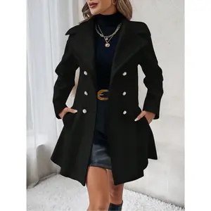 Women's Solid Double Button Pocket Overcoat, Casual Long Sleeve Lapel Neck Outerwear for Fall & Winter, Women's Clothes for Daily Wear, Clothing for Women, Cute Tops