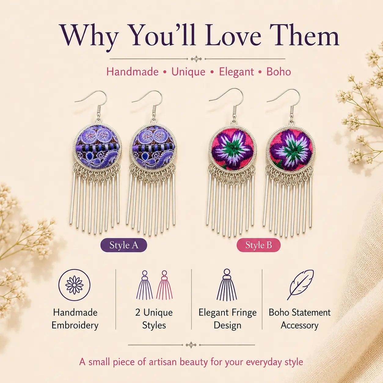 Women's Handmade Fabric Drop Earrings - Straight-Stitch, Silver-Coil Embroidery, Visible Stitch, Wearable Textile Art Gift for Daily Wear