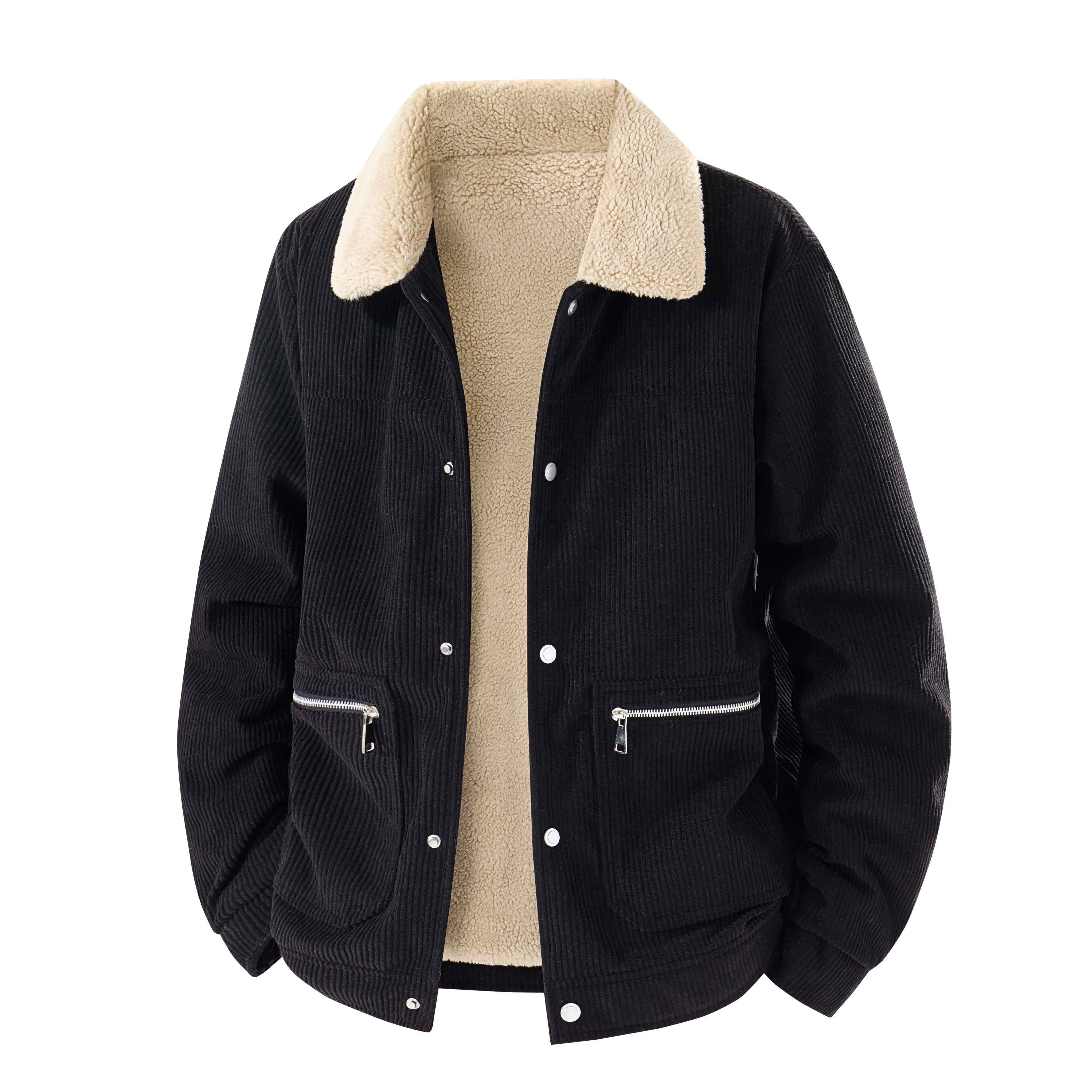 One men’s corduroy jacket with a turn-down collar, retro casual style, plush lining, ribbed hem closure, suitable for everyday streetwear and casual gatherings, black vertical-stripe fabric, trendy outerwear.