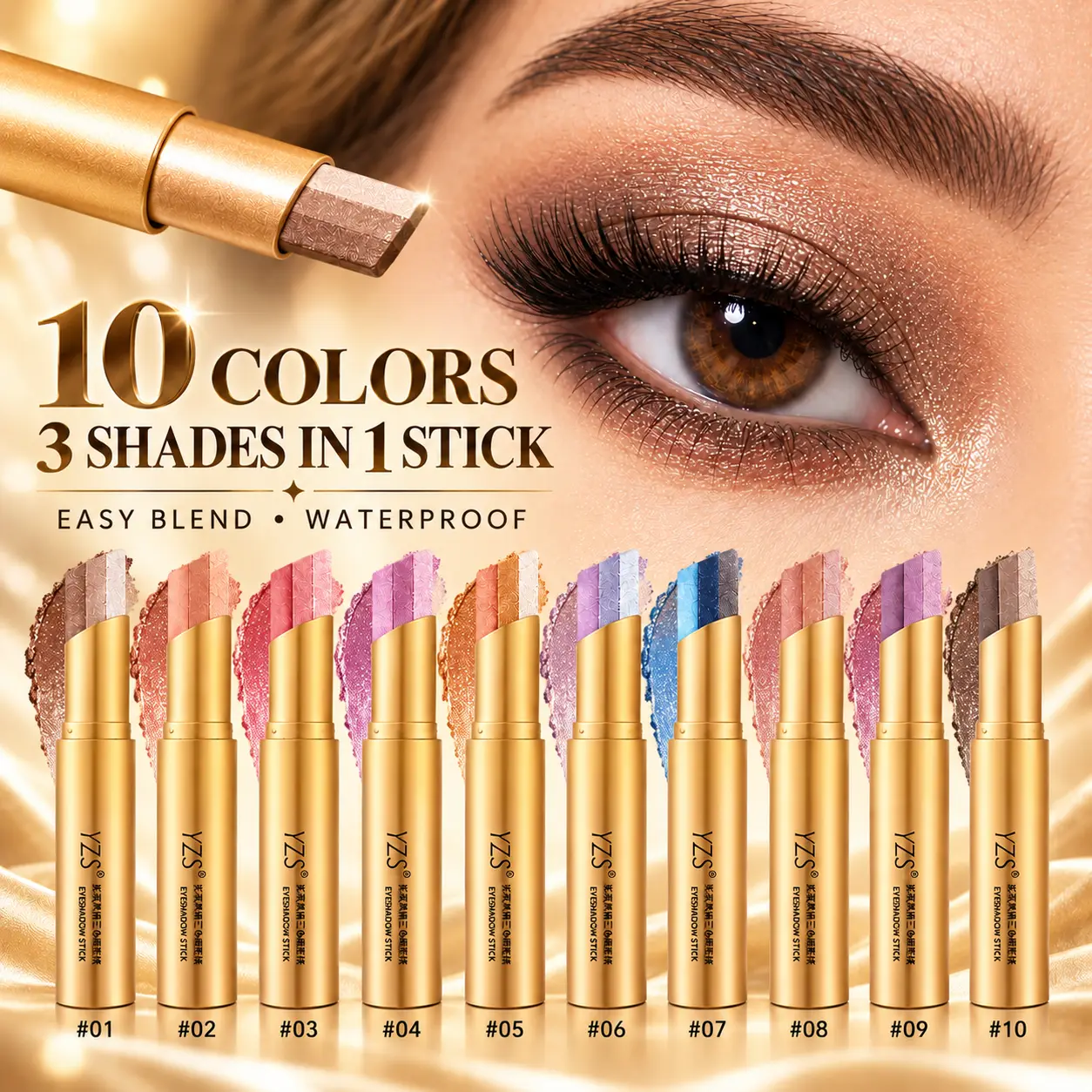10-Piece 3-in-1 Eyeshadow Stick Set, Matte & Shimmer Eye Makeup Crayons, Easy to Blend, Beginner-Friendly Eye Color for Everyday Looks