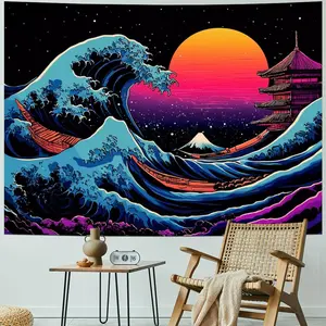 Serborlur The Great Wave Wall Tapestry - Japanese Kanagawa Ocean Tapestry Sea Sunset Wall Art Aesthetic Starry Night Wall Hanging for Living Room Bedroom Decor Peach