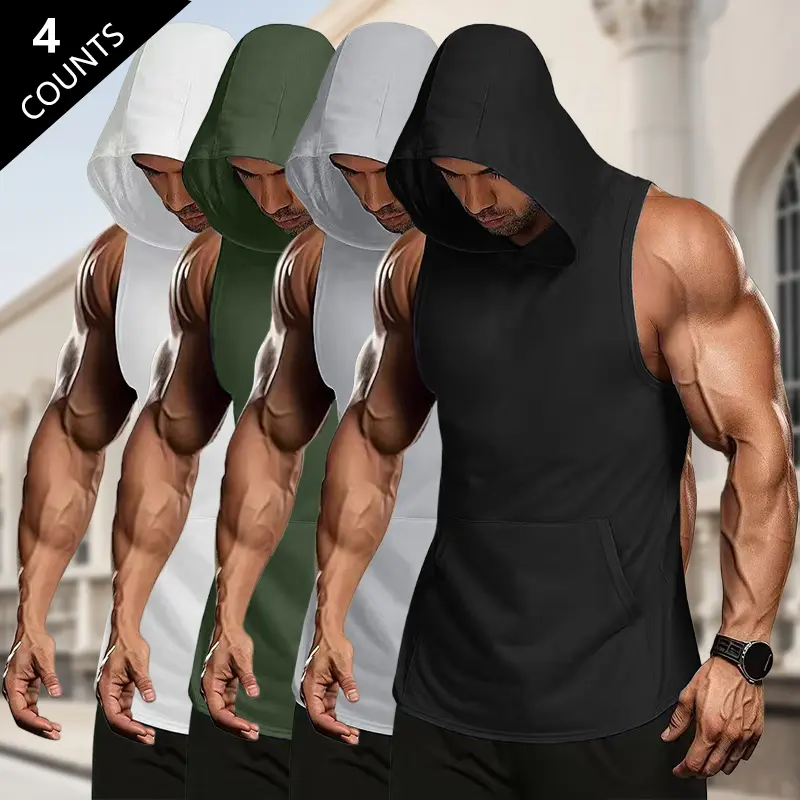 Men's Sports & Casual Hooded Tank Top 4 Pack - Lightweight Polyester with Kangaroo Pocket, Slight Stretch Regular Fit Short Sleeve Shirt Suitable for Running & Outdoor Activities Spring/Summer; Loungewear | Athletic Style | Polyester Pullover, Athletic Fi