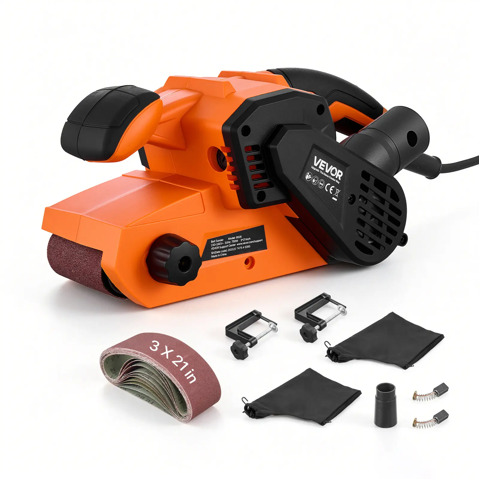 VEVOR 7A Belt Sander 3" x 21" Woodworking Belt Sander 6 Speeds 630-1200 FPM, 2-in-1 Handheld & Benchtop Sanding Machine with 2 Dust Bags, 10PCS Sanding Belts & 2 Clamps for Woodworking Projects