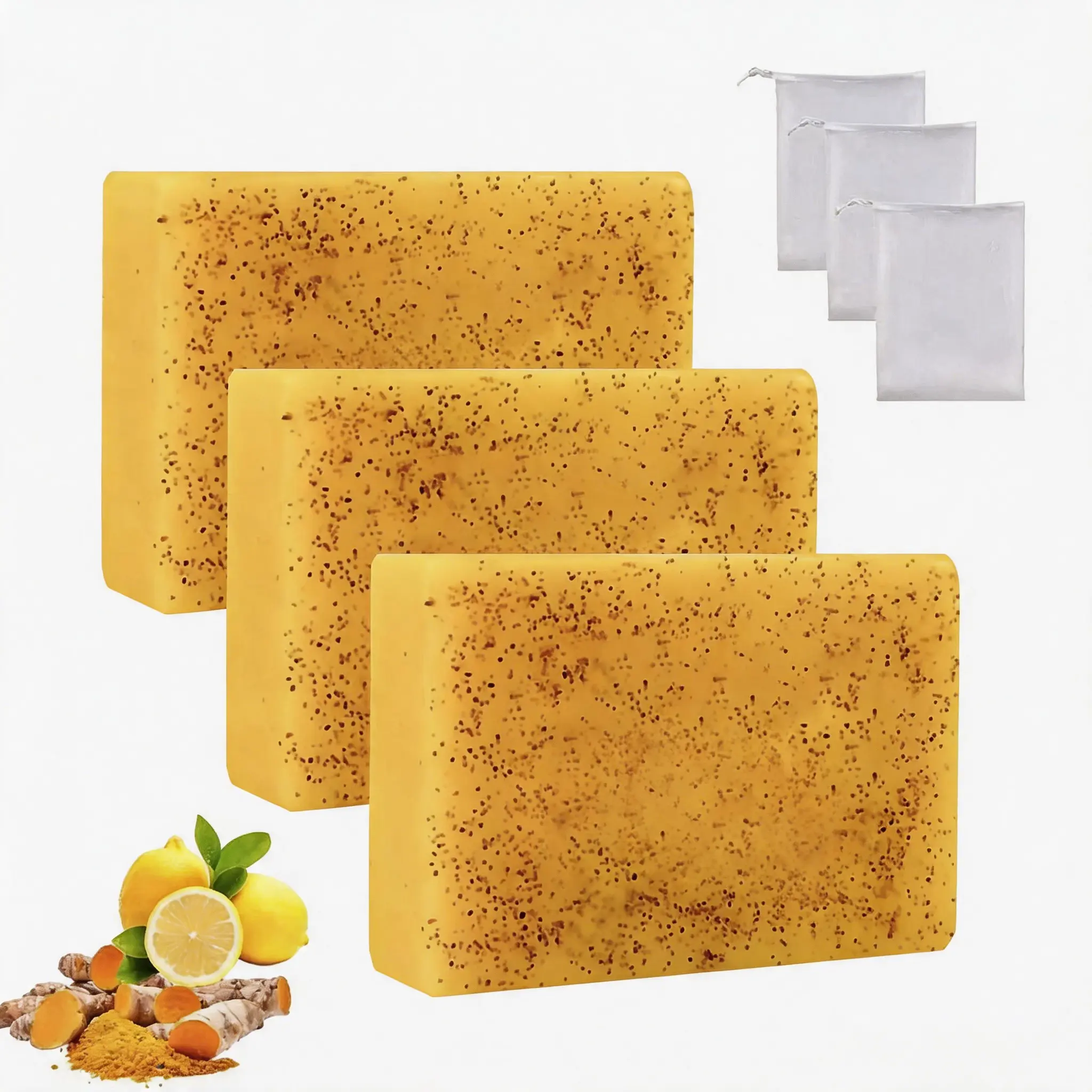3 pcs Lemon Turmeric  Kojic Acid Soap - Gentle Dark Spot Remover for Face Acne Cleanser Cream Cleansi,Lemon Turmeric Glowing Skin Care Soap, Deep Clean, with Soap Saver Bags cleansing body Moisturizing Hydrate