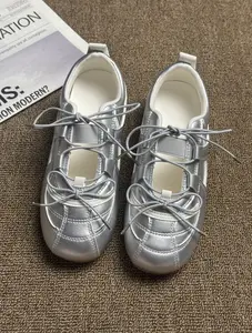 Y2K Ballet Core Silver & White Lace-Up Sneakers, Viral TikTok Comfy Split Flats, Retro-Inspired Casual Shoes for Women, Cloud-Soft Footwear for Everyday & Street Style