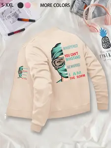 Nurse Themed Printed Bomber Jacket - Inspirational Slogan Outerwear for Women, Polyester Knit Fabric with Pockets, Fitted Casual Style for Autumn/Winter, Random Print Pattern Suitable for Young Adults.
