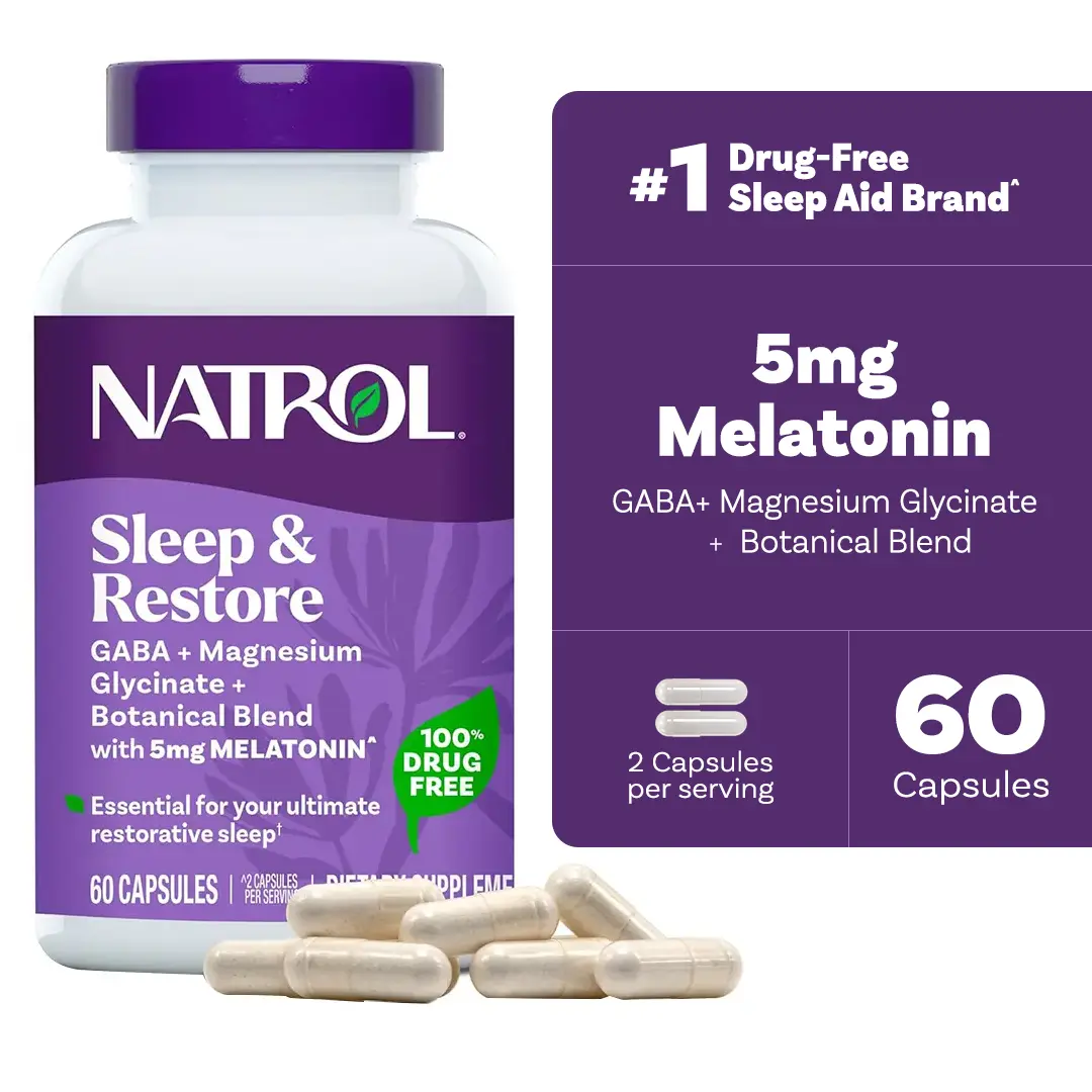 Natrol Sleep & Restore Dietary Supplement Capsules - Sugar-Free Supplement Stack with Calm Magnesium Glycinate, GABA, 5mg Melatonin, B6, Botanical Blend, 30-Day Supply for Adults’ Body, Metabolism & Brain Health