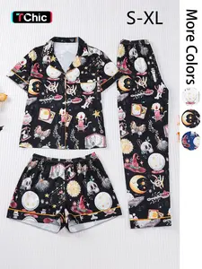 3 pieces of women's Halloween witch hat, skull head, crystal ball, butterfly print, short sleeved shorts, pants, comfortable lapel pajamas set, Loungewear, knitted top, pocket, elastic waistband suitable for all seasons, casual classic home wear