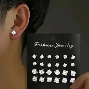 12-Pair Set Elegant Square Cubic Zirconia Stud Earrings for Men, Fashion Simple Iron Non-Plated Stainless Steel Post Ear Studs, Hypoallergenic Casual Daily Jewelry Gift