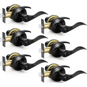 6 Pack Matte Black Privacy Door Levers, Heavy Duty Wave Style Bed/Bath Interior Door Locks Knobs, Reversible Levers for Right/Left Handed Doors