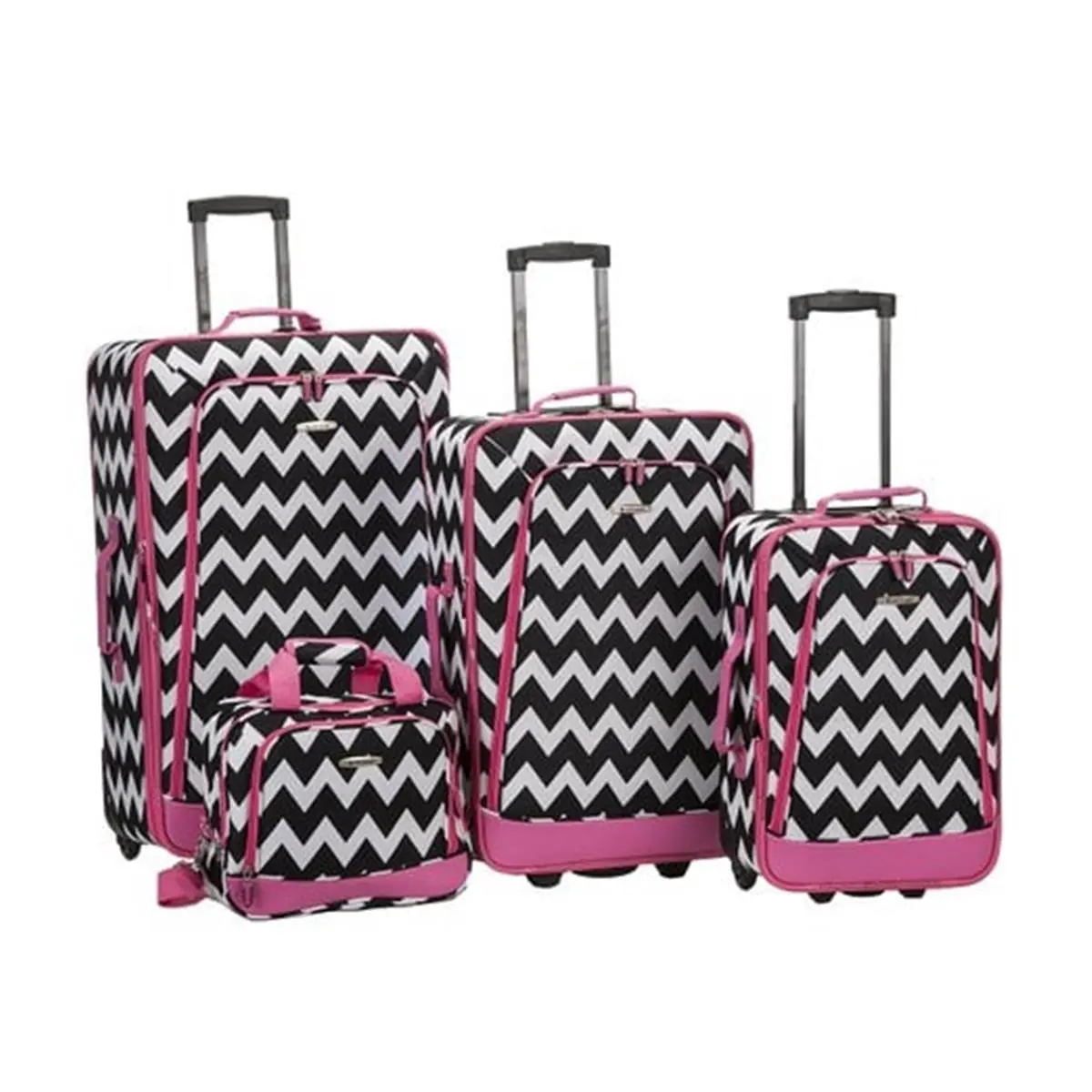 212 MAIN Rockland Pink Chevron 4-Piece Deluxe Expandable Rolling Luggage Set - EZ-Roll Wheels, Heavy Duty Fabric, Pewter Hardware, Integrated Lock