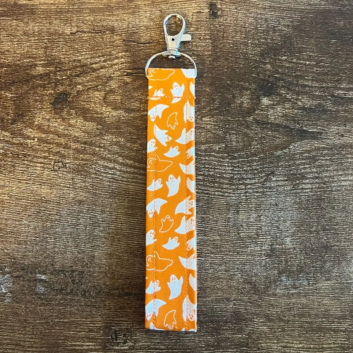 Bright Orange Ghosts Halloween Fabric Keychain Wristlet