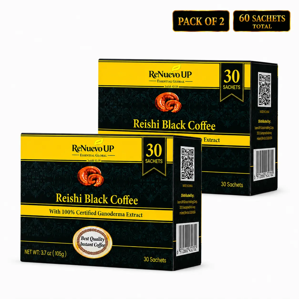 ReNuevo UP Reishi Black Instant Coffee with Ganoderma Mushroom Extract, Pack of 2, 60 Single-Serve Sachets, 7.4 oz (210 g)