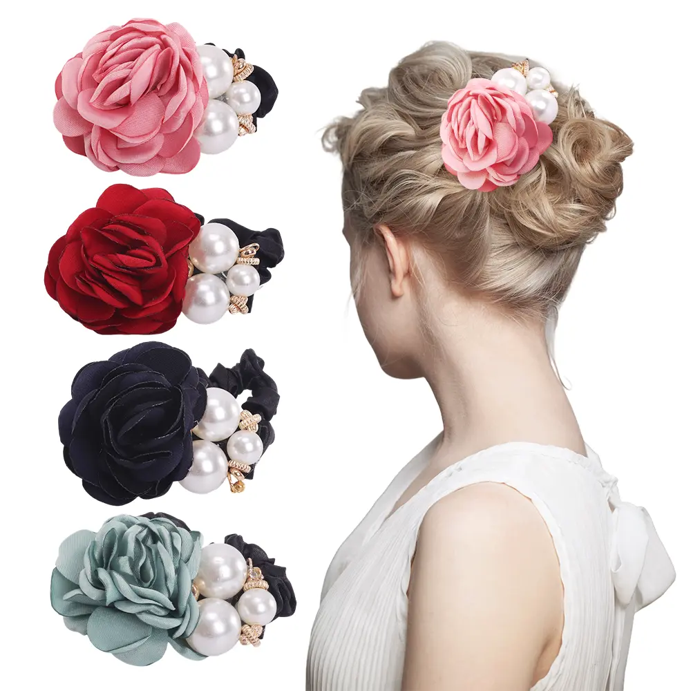 4 pack Rose Pearl Hair Ties Sparkly Crystals Pearls Rose Hairbands Women Rhinestone Hair Scrunchies High Elasticity Ponytail Holders