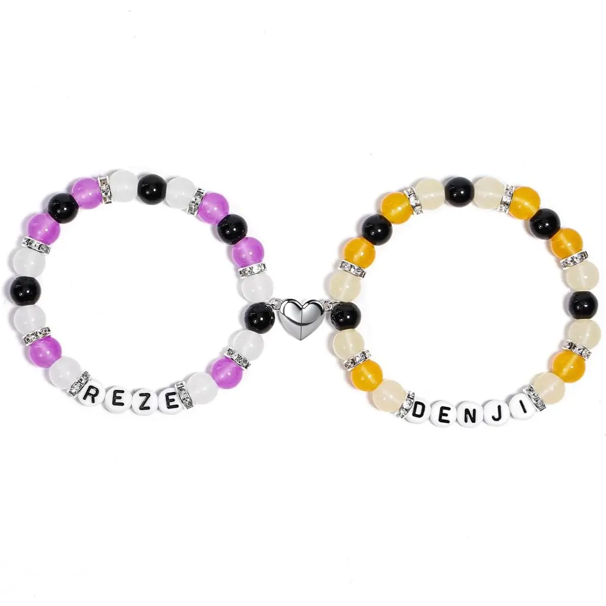 Beaded Bracelet Set for Anime Lovers, Denji & Reze Inspired Matching Bangles with Name Beads, Comfortable & Stretchy Fit, Ideal Friendship Gift, Birthday, Casual, Birthday Gift Ideas, Matching Pair