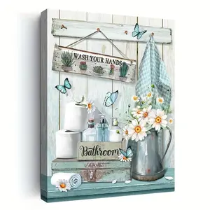 1pc Wooden Framed Farmhouse Bathroom Decor Wall Art Rustic Flower And Butterfly Bathroom Pictures Canvas Print Teal Country Bathroom Wall Decor Vintage Bathroom Wall Art With Framed Ready To Hang Decoration Decorative wall decor poster posters wall art
