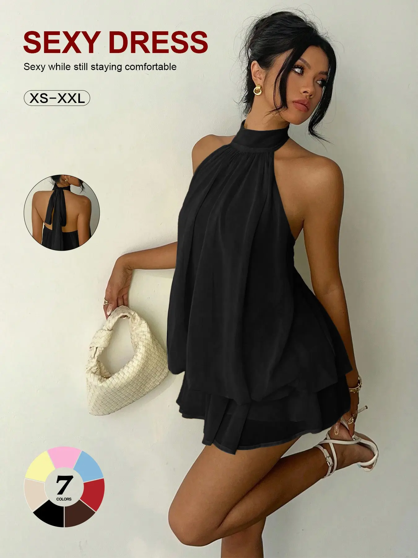 Versatile Lightweight Halter Neck Sleeveless Chiffon Romper, Open Back Layered Ruffle Mini Jumpsuit, Party Beach Date Night Leg-Lengthening, Chic, Womenswear