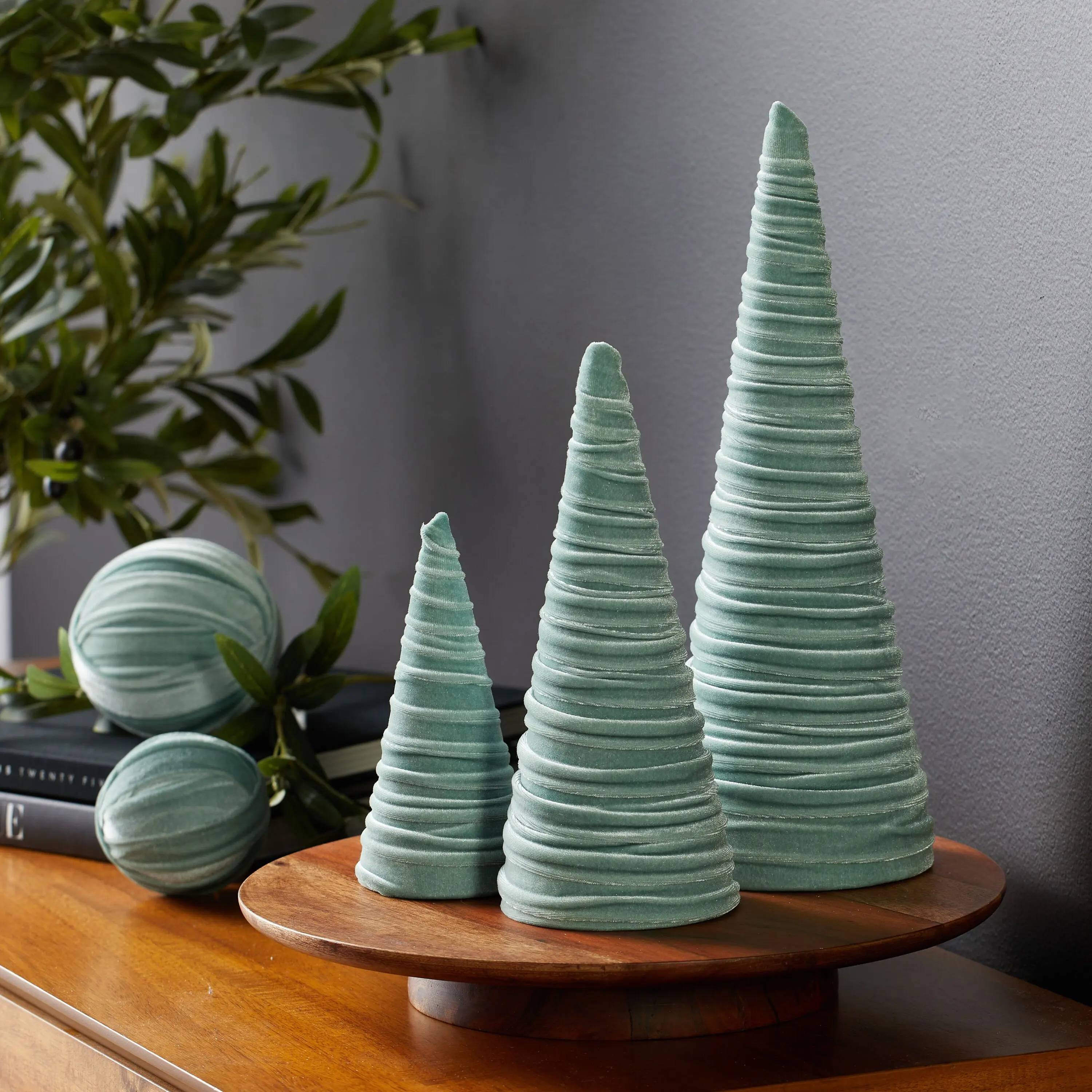 Set of 3 Velvet Cones for Everyday Mantel Decor, Christmas Tablescape, and Wedding Centerpiece