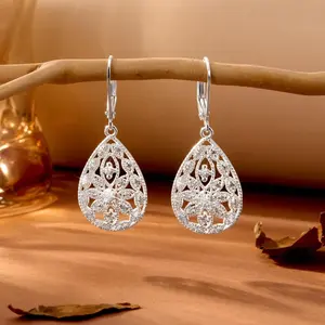 925 Sterling Silver Teardrop Earrings for Women, Cubic Zirconia Filigree Leverback Dangle Earrings, Hypoallergenic Gift
