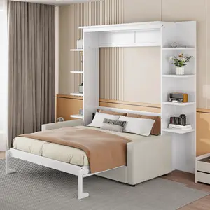 Multi-Functional Queen Size Space-Saver Murphy Wall Bed with Sofa, White Indoor Furniture Set, Murphy Bed