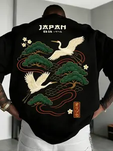Unisex streetwear style, Japanese Ukiyo-e style crane print crew neck short-sleeved T-shirt, Fitted, suitable for all seasons, perfect for streetwear, Y2K style, Japanese culture lovers, lucky crane belief culture, casual and trendy outfits
