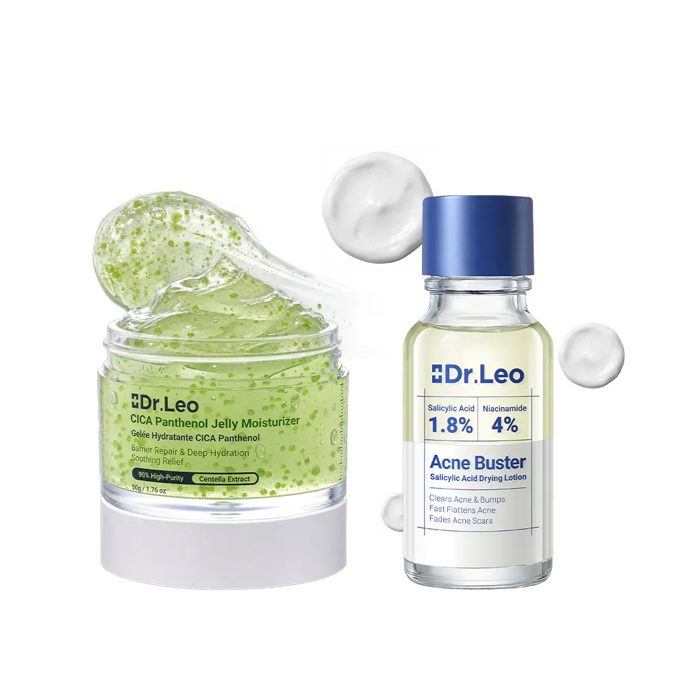 Dr.Leo Acne-Prone Skin Duo - Salicylic Acid Spot Treatment & Lightweight Hyaluronic Acid Cream - Calming Barrier Repair for Redness Relief - Morning Routine Skincare for Sensitive Skin, Pimple, Soothing, Oil Control, Moisturizer, Lotion, Hydrating, Sulfur