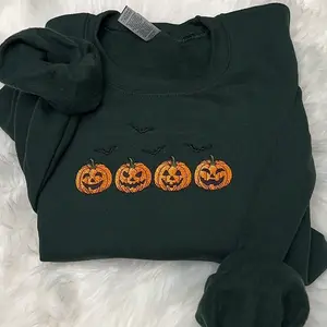 Embroidered Halloween pumpkins with bats, embroidered spooky season sweatshirt, spooky season
