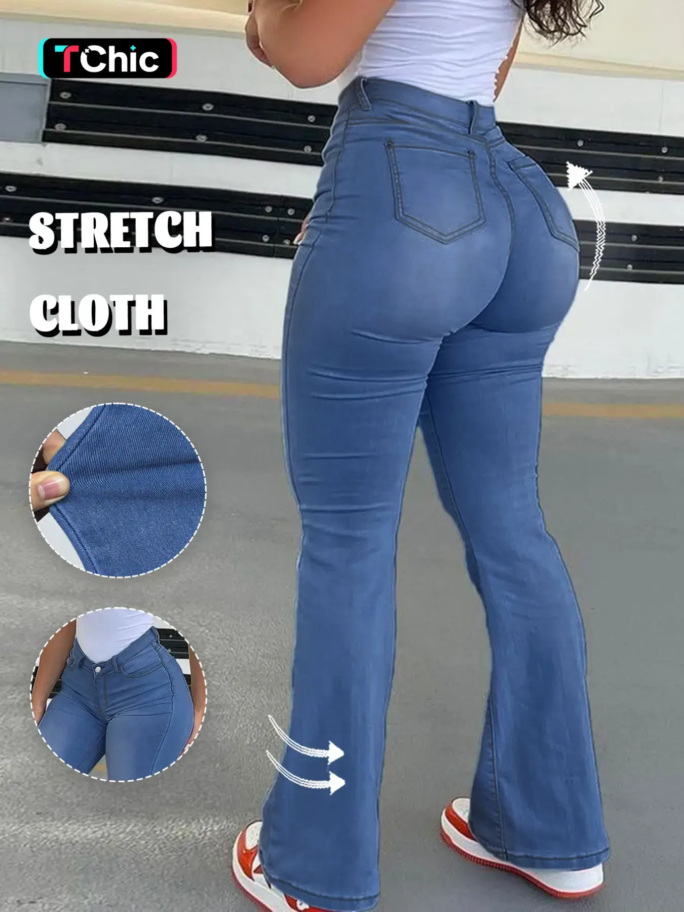 Gilipur Y2K Style Women's High-Waisted Stretchy Flare Jeans, Casual Button Front Pocket Design, Fashionable All-Season Long Pants