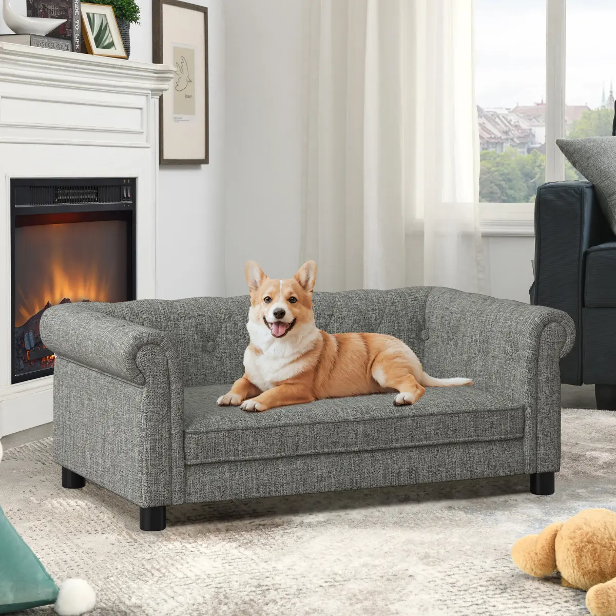 ARCH Elegant rectangular pet bed for small and medium-sized dogs, durable elevated dog sofa bed, comfortable dog sofa, modern and fashionable linen fabric dog sofa-Light grey