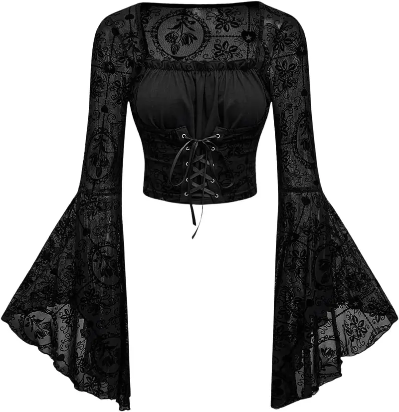 Verdusa Women's Gothic Clothes Flare Sleeve Tops Flower Pattern Velour Cross Lace-up Waist Crop Top Plus Size Double Pull Zipper Bodysuit Unisex Spandex