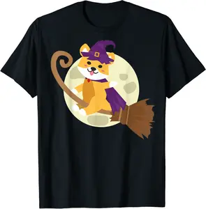 Shiba Inu Riding Witch Broom Cute Dog Halloween Costume T-Shirt - Nicolekhach Shop 89B07XLN1KVX