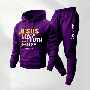 Men's Christian Jesus Printed Hoodie and Drawstring Sweatpants Set, Menswear, Casual Athletic Long Sleeve Hooded Jacket & Trousers for Fall & Winter, Men's Clothing for Daily Wear, Sportswear Indoor Outdoor, Tracksuit, Athleisure Summer Clothes