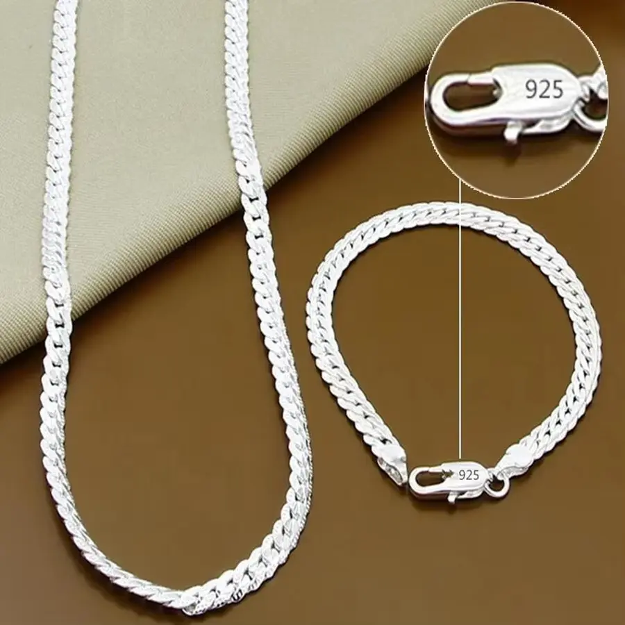 925 Silver Plated 5mm Flat Chain Jewelry Set,  Necklace and Bracelet for Men & Women, Fashion Wedding Gift, Chains Set, Jewellery Gift Set