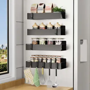 4 Pack Magnetic Spice Storage Rack Organizer for Refrigerator and Oven,Black Fridge Organizers and Storage Black Large Adhesive Hanging Kitchen Spice Racks for Smooth Wall - Seasoning Rack