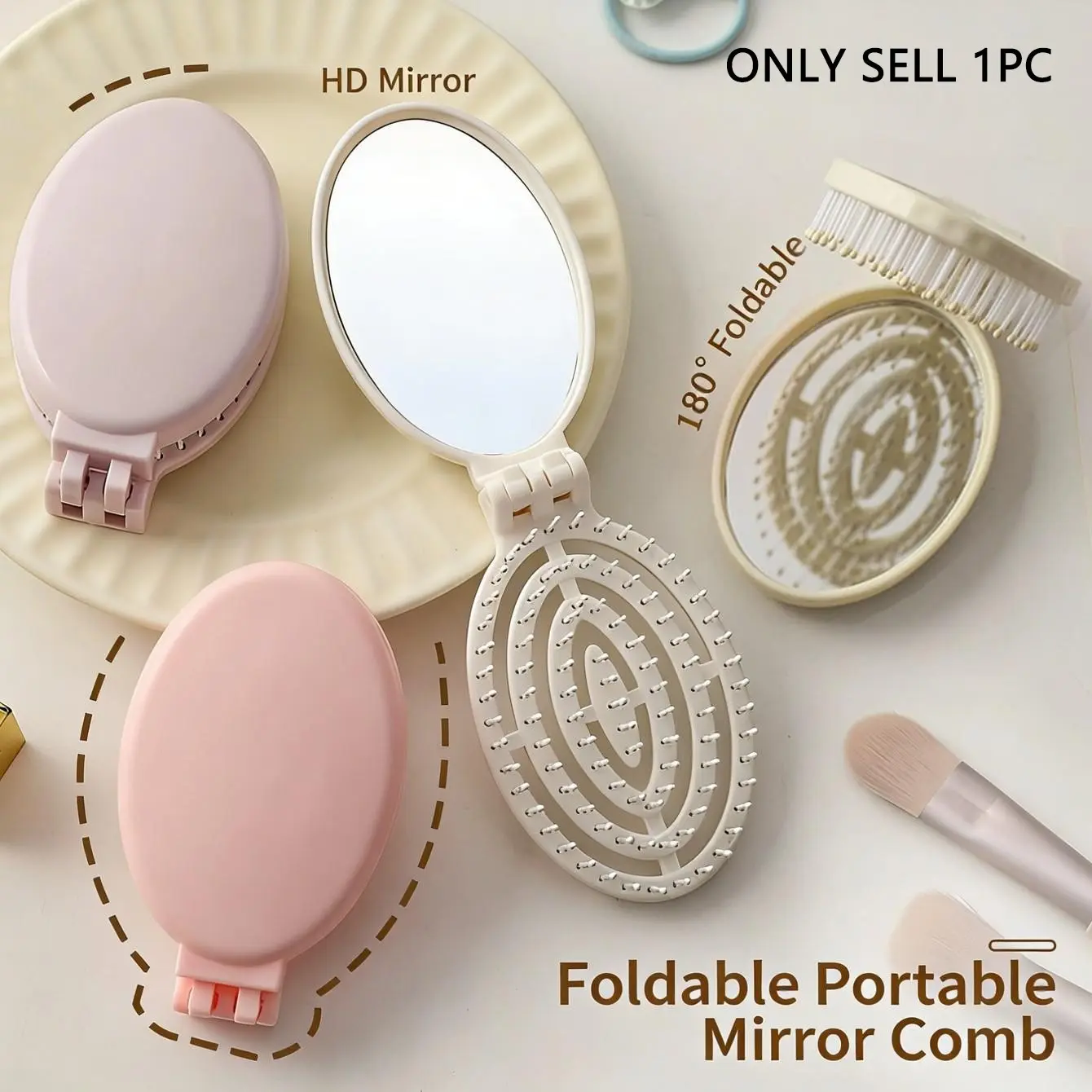 1 Count Foldable Hair Comb with Mirror, Portable 2-In-1 Pocket Hairbrush for Travel & Daily Makeup, Available in 4 Color Options